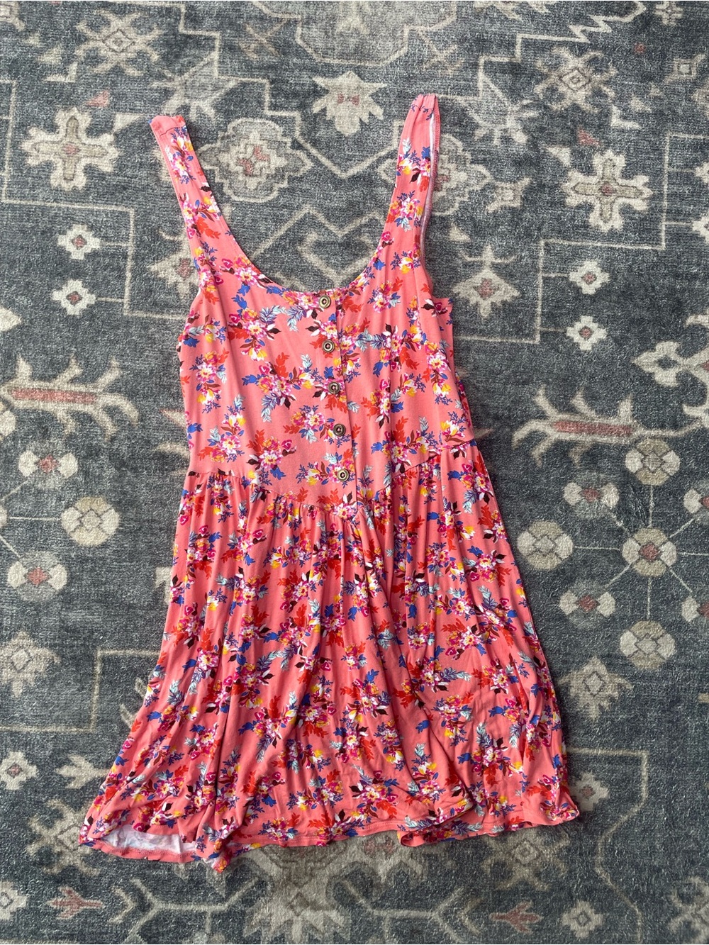 La Hearts Coral Pink Floral Tank Dress with Button Accent